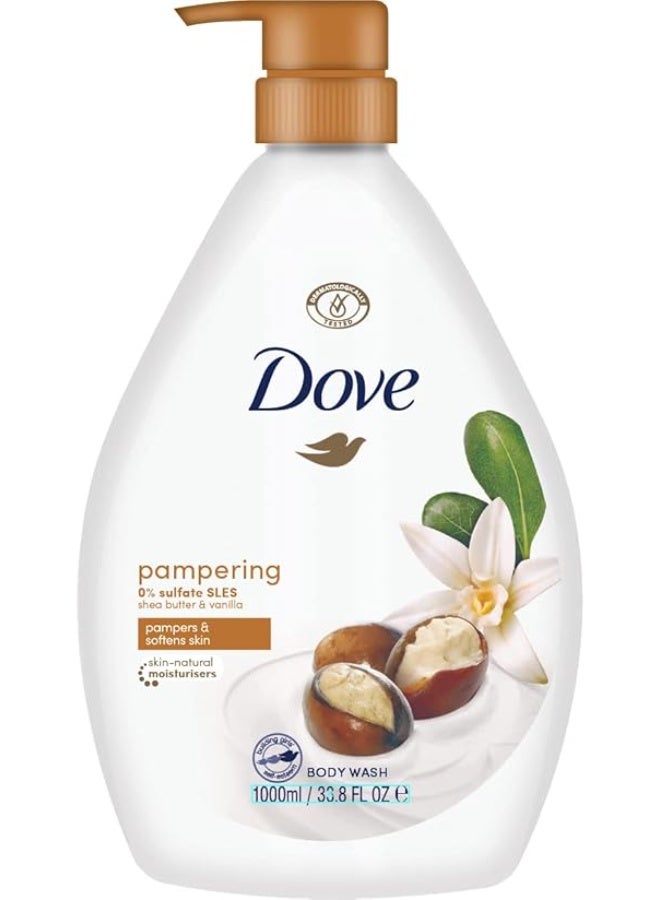 دوف غسول الجسم دوف بامبرينج بزبدة الشيا والفانيليا الدافئة، 1000 مل - منظف مرطب للبشرة لبشرة ناعمة تدوم 24 ساعة، خالٍ من الكبريتات والبارابين، نباتي معتمد من منظمة بيتا - Image 1